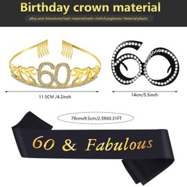 60th Birthday Crown, Satin Sash and Crystal Frame Eyeglasses Set for 60th Birthday Party Decorations Supplies
