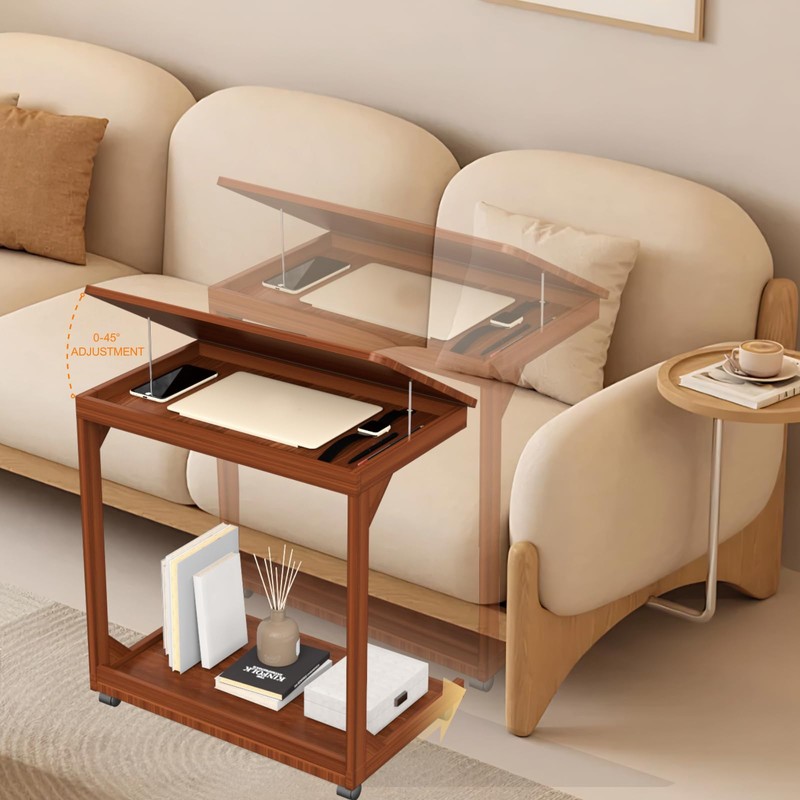 WUGCHDA C-Shaped Couch Table, Side Table with 360° Rotating Wheels,