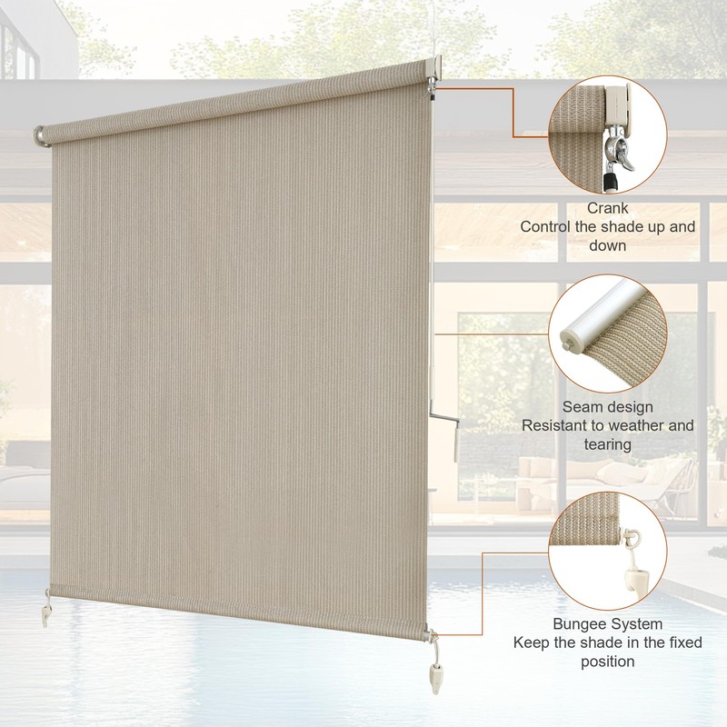 AOSKY Outdoor Roller Shades，Cordless Patio Shades Roll Up Outdoor Blinds，Roller