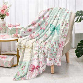 Newsely Boho Bow Floral Throw Blanket,51x59 Inch Reversible, Cute Retro Checkered Patchwork Flower Pink Green Coquette Flannel Blanket Home Decor Super Soft Warm Cozy for Bed Couch Sofa Couch