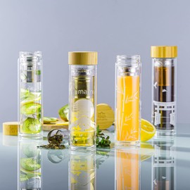 Umami Glass Water Bottle With Tea Infuser And Non Slip Sleeve. Double Wall Borosilicate. Travel Tumbler With Bamboo Lid. 17oz. Design: Bamboos