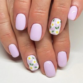Light Purple Press on Nails - Short Square Fake Nails,White Flower Design False Nails | Full Cover Glossy Acrylic Nails,Stick on Nails for Women | Spring Summer Nail Art Decoration | 12 Sizes-24Pcs