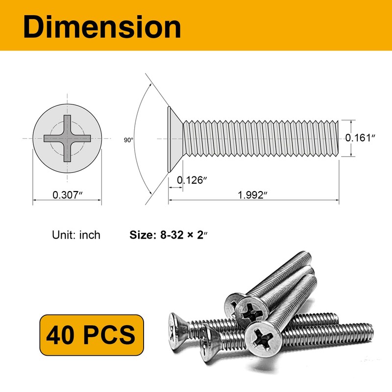 40PCS 8-32 Machine Screws, 2 inch Stainless Steel Extra Long