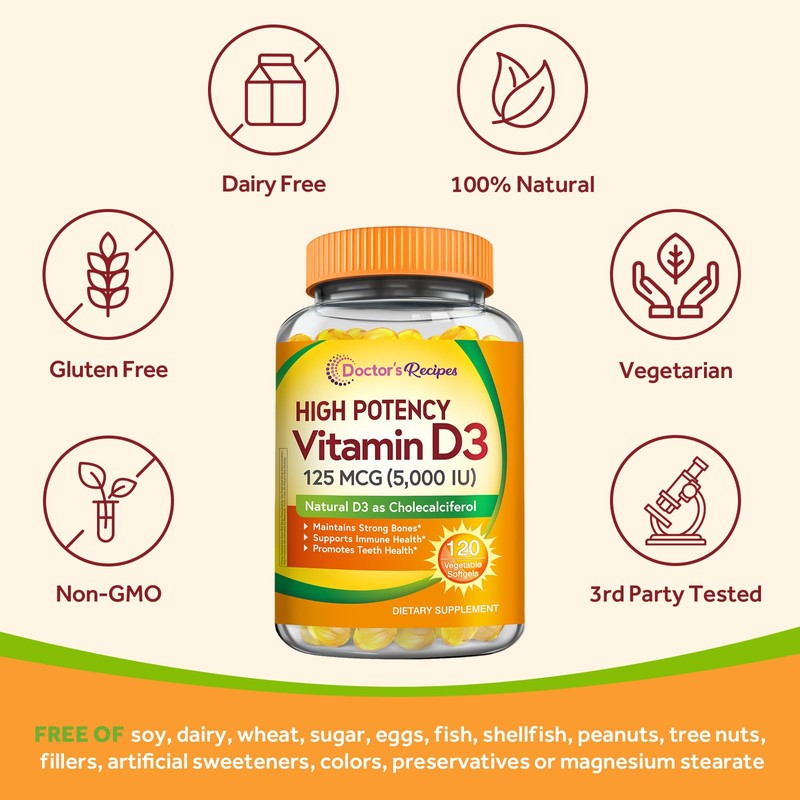 Doctor's Recipes Vitamin D3 5000IU, Immune Support for Bones, Teeth,