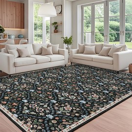ROYHOME 8x10 Area Rug Machine Washable Rug for Living Room Moroccan Trellis Indoor Accent Rug Stain Resistant Non-Slip Carpet Farmhouse Vintage Distressed Floral Floor Cover for Home Decor, Black