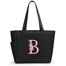 KALIDI Monogrammed Tote Bag Stylish Spacious Carry Bag Waterproof with Inner Pocket and Zip Fabric Bag Shopper Handbag for Women, Friends, Birthdays, Bridesmaids, Black-b
