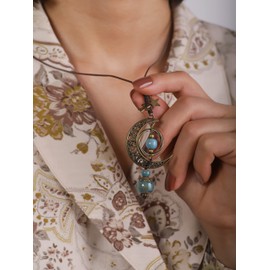 Hanary Vintage Bohemian Hippie Ceramic Beads Crescent Moon Lariat Necklace, Boho Hippie Statement Jewelry Gift for Women