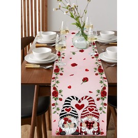 Table Runner 16 x 72 inches Long Valentine's Day Pink Classic Gnomes Red Rose Love Heart Fabric Table Decorations for Coffee Table Indoor Kitchen Dining Wedding