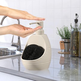 zuxzmj Kitchen Soap Dispenser with Sponge Holder – Beige 2-in-1 Pump Dispenser for Dish & Hand Soap at Sink