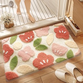 Loismood Floral Bathroom Mat Cute Absorbent and Non Slip Bath Rug Machine Washable Bath Rug for Dining Room, Kitchen and Living Room (23"x16", Flowers and Leaves)