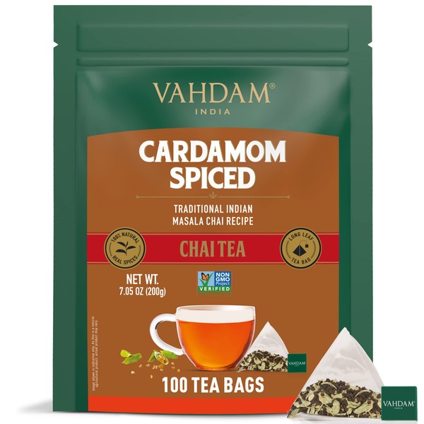VAHDAM, té de cardamomo orgánico Masala Chai (100 bolsas de té) | 100% natural de cardamomo triturado mezclado con té negro fresco de jardín | Mezcla de té de cardamomo original de la India I Brews Chai Latte