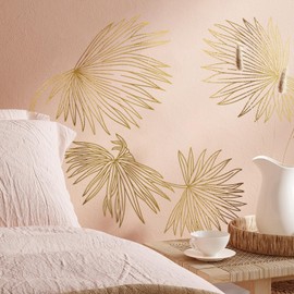 Flortlias Sketch Large Vinyl Wall Decal, Peel and Stick Floral Transfer Vinyl Stickers for Wall, Handmade Floral Artwork Stickers for Women Bedroom, Living Room Decor, Leaves Gold 15.35"x70.87"
