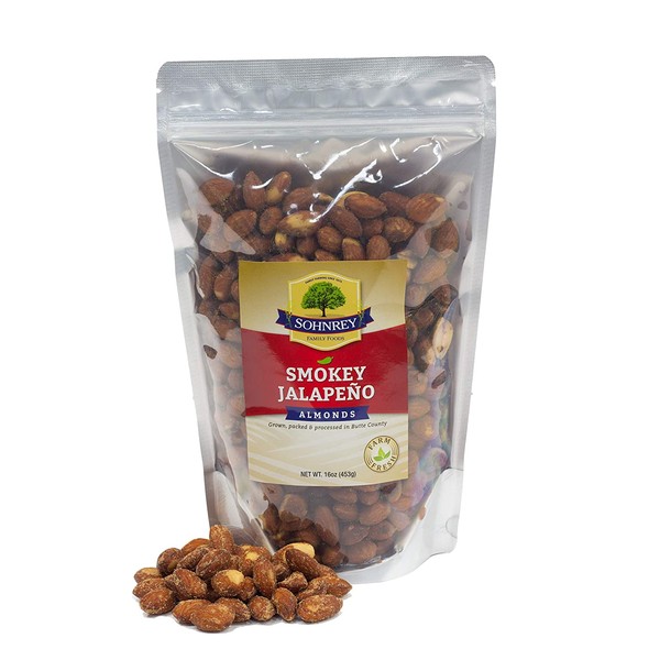 Smokey Jalapeno Spicy Almonds Bold Roasted Seasoned Snack Nuts from Sohnrey Family Foods 16 oz Single Bag
