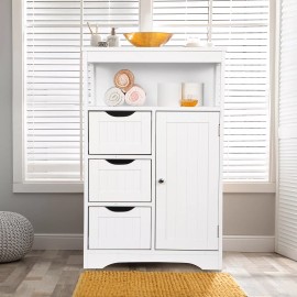 Segawe Bathroom Floor Cabinet Wooden Storage Organizer with 1 Door and 3 Drawers White