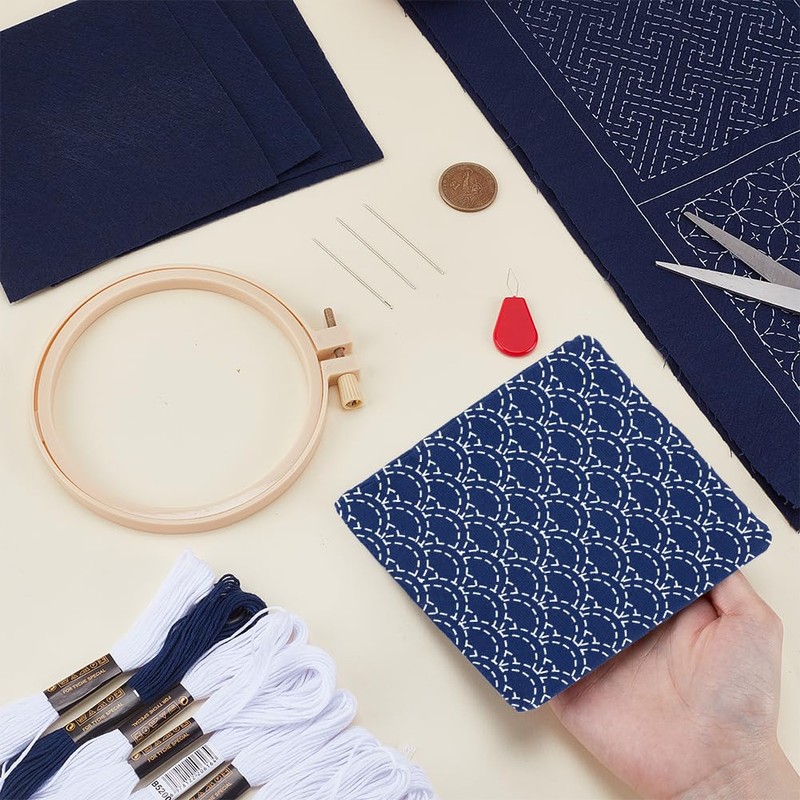 FREEBLOSS 4 Set Sashiko Coasters DIY Kit with Instructions Pre-