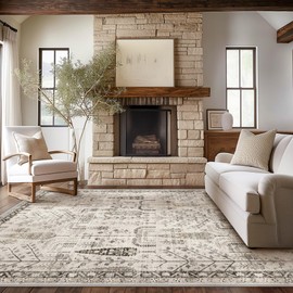 Bavni Area Rug, Floral Non Slip Rug for Living Room Dining Bedroom, Neutral Lightweight Low Pile Machine Washable Rugs, Thin Durable Farmhouse Vintage Tree Soft Wood 3x5 Rugs