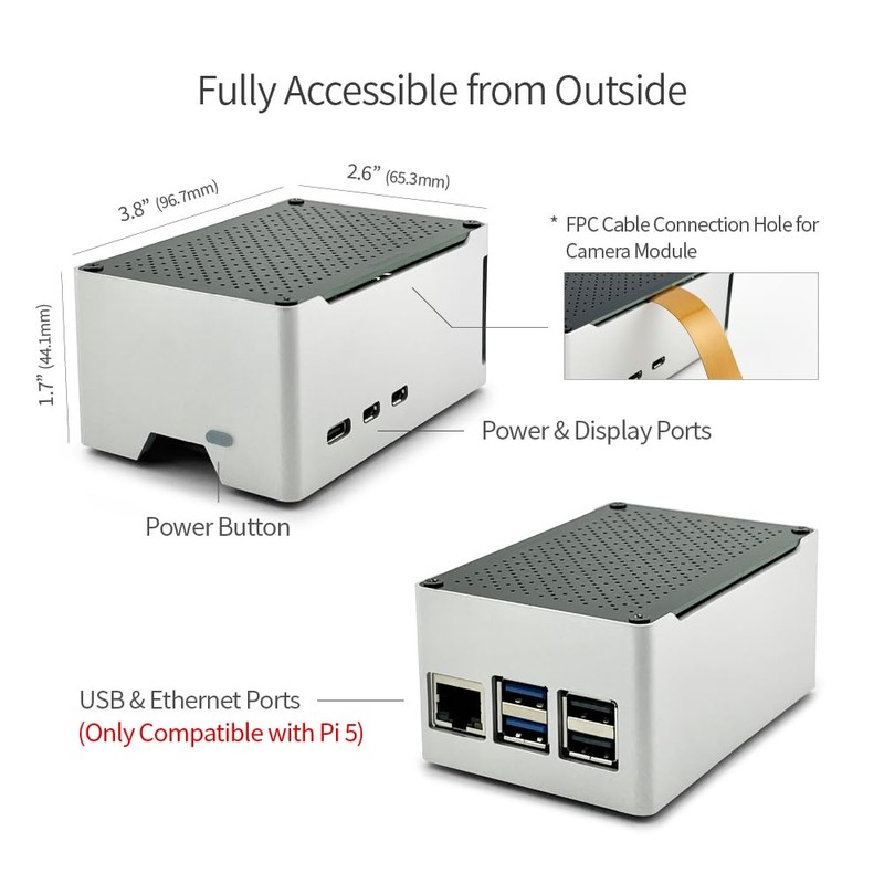 ElectroCookie Raspberry Pi 5 Case, Compact Aluminium Case with Active