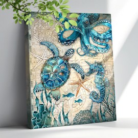 Nautical Bathroom Decor Wall Art Beach Ocean Sea Turtle Octopus Canvas Pictures Wall Decor for Walls Teal Coastal Theme Bathroom Prints Paintings Framed Artwork for Bedroom Kitchen Home 12"x16"