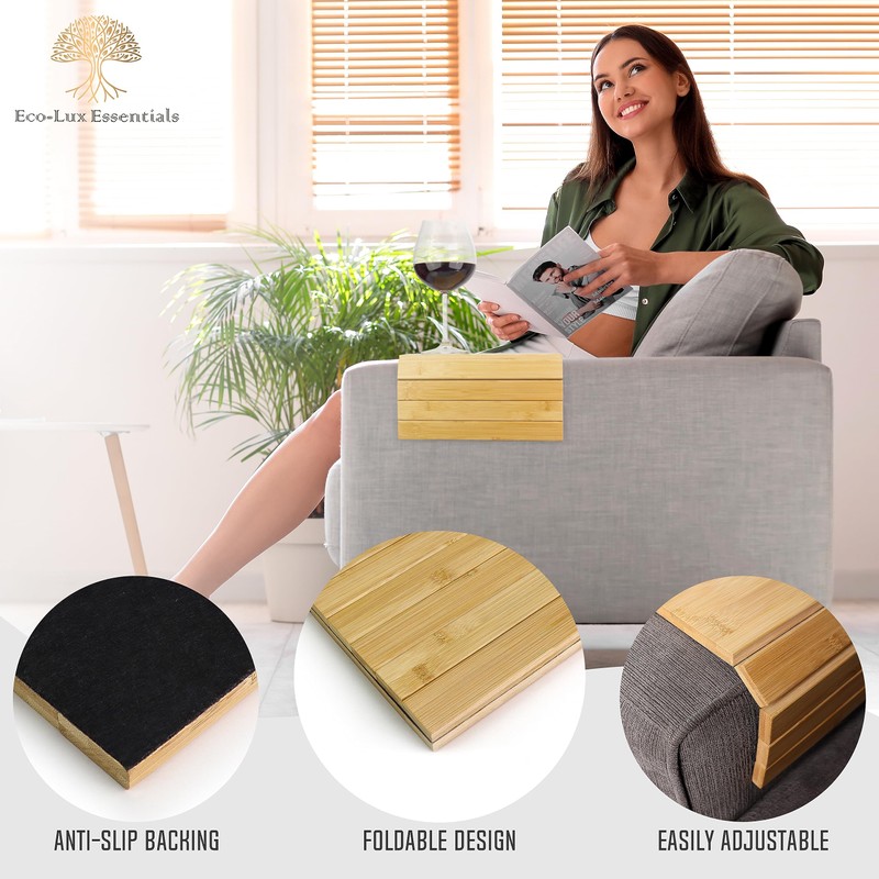 Bamboo Sofa Arm Tray Foldable Wooden Armrest Couch Organiser for
