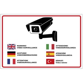 Sign "Achtung Videoüberwachung" in Multiple Languages Aluminium / Dibond 300 x 200 mm - 3 mm Thick