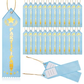 Zeyune 50 Pieces Participant Award Ribbon with Event Card and String Participant Star Point Top Award Ribbon Blue Participation Ribbon for School Competition Contest Office Team Kids Student Trophy