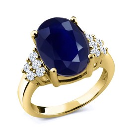 Gem Stone King 5.40 Cttw Blue Sapphire and White Created Sapphire 18K Yellow Gold Plated Silver Ring for Women | Oval 12X10MM | Gemstone Birthstone | Available In Size 5, 6, 7, 8, 9
