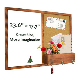 Dry Erase White Board and Cork Board, Magnetic Whiteboard & Bulletin Board Combo, 17.7"×23.6"，Wall-Mounted Mail Sorter & Key Hooks, Solid Pine Wood Walnut Brown Frame(Mail BB-BN-4560)