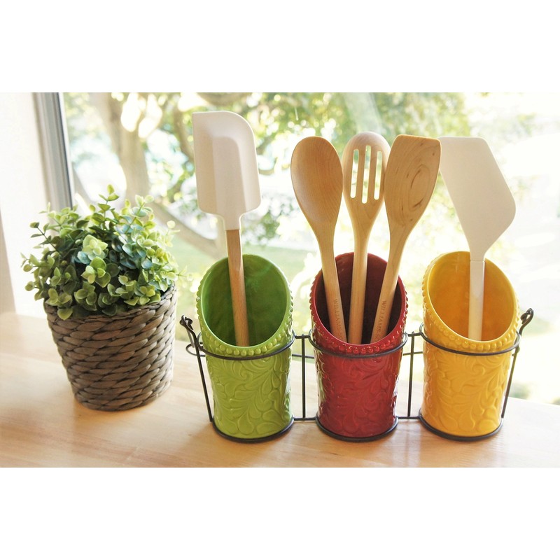 Kitchen Utensil Holder Set (4 Pieces) - 3 Ceramic Crocks