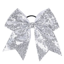 Xansema Women Girls Kids Teens Sequins Hair Bows Elastic Hair Tie Ribbon Large Cheer Bow Ponytail Holder Hair Band (Silver)