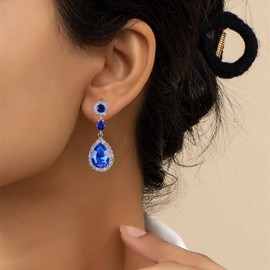 Aneneiceera Vintage Blue Crystal Drop Earrings Long Teardrop Sapphire Earrings Cz Blue Earrings Retro Blue Rhinestone Earrings Jewelry for Women and Girls (Blue)
