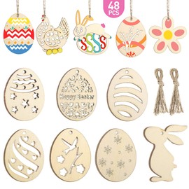 Toyvian Pack of 48 Easter Crafts Wooden Ornaments Unfinished Crafts Hanging Decorations Crafts for Children Easter Party Supplies DIY Decor