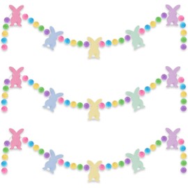 3 Pcs Easter Day Bunny Felt Banner Colorful Bunny Felt Banner Pom Pom Ball Garland Easter Day Pompom Hanging Garland for Spring Home Decor Party Favors
