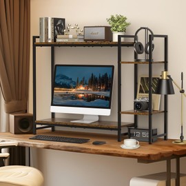 ikkle Desk Shelf, Desktop Organizer Shelf with 5 Shelves, Desk Hutch with Computer Monitor Riser, 3 Tier Desktop Display Rack, Wood Desktop Bookshelf Storage Rack for Dorm Office Home, Rustic Brown