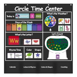 Auchq Circle Time Learning Center Pocket Chart, Heavy-Duty Kids Calendar for Classroom, Educational Pocket Chart Learning Calendar Weather Letter Counting Rhyme Color Shape(Black)