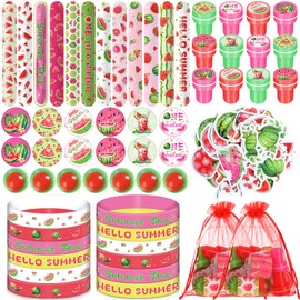 Tondiamo 122 Pcs Watermelon Party Favors Bulk with Melon Bouncy Balls Silicone Slap Bracelets Stickers Stampers Badges One in a Melon Gifts Bags for Summer Fruit Birthday Baby Shower Party Supplies