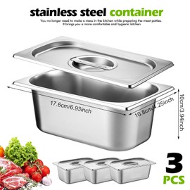 Set of 3 Gastronorm Containers, Stainless Steel Breading Bowls, Breading Set with Lid, Rectangular Container for Kitchen, Stackable Breading Set, for Marinating Meat, Cutlets (17.6 x 10.8 x 10 cm)