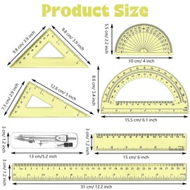 Zonon 1 Set Plastic Geometry Math Set Includes Drawing Compass, 6 Inch 4 Inch Protractor, 45/60 Degree Triangle Rulers 12 Inch 6 Inch Math Ruler Transparent for Office Supplies(Yellow)