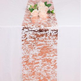Snowkingdom Rose Gold Table Runner 11 Inch x 49 Feet Glitter Metallic Pink Thin Mesh Table Runner Sparkly Table Decorations for Wedding, Bridal Shower, Baby Shower Birthday Party