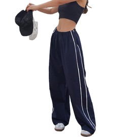 Women Loose Fit Cargo Trousers Elastic Low Waist Baggy Wide Leg Parachute Pants Y2K Clothing Navy L