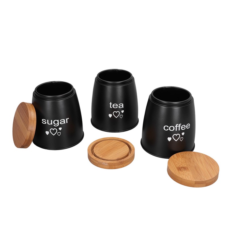 3Pcs Coffee Tea Sugar Container Set Bamboo Lid Durable Iron