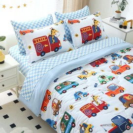 Gusuhome Kids Cars Animal Comforter Set Twin Size for Boys Girls Teens 7 Piece Cartoon Construction Fire Truck Excavator Police Ambulance Lion Cat Dog Elephant Bedding Set Bed in A Bag,Colourful