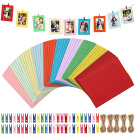 BELLE VOUS 50 Pack Paper Photo Frames with Hanging Rope & Clips - 4 x 6 inches (10 Colours) - DIY Hanging Album Picture Frames for Home, School, Office or Party Wall Decoration