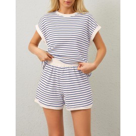 MISSACTIVER 2 Piece Lounge Set Women Stripe Knit Short Sleeve Tee Shirts Shorts Casual Summer Loungewear Shorts Sets