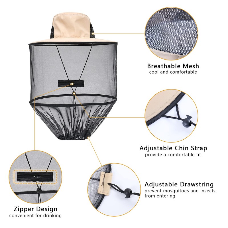 Mosquito Hat with Removable Netting Midge Mosquito Head Net Hat