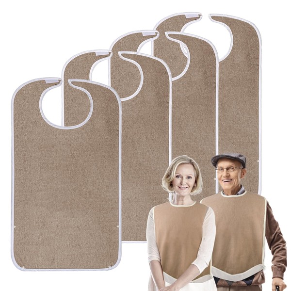 Pozico Adult Terry Cloth Bibs for Eating Women/Men/Seniors Washable Clothing Protector and Adult Bibs with Dirt Trap, Brown (4-Pack)