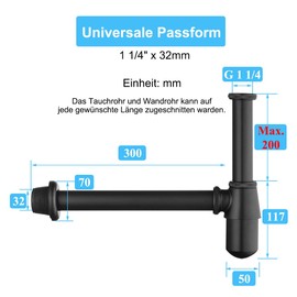 Keymark Siphon Black Cup Siphon for Sink and Washbasin, Brass Universal Syphon 1 1/4 x 32 mm, Bathroom Odour Trap with 200 mm Immersion Pipe, Designer Siphon Bottle Siphon for Drain Fitting