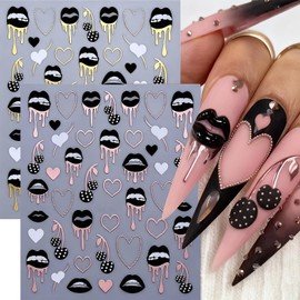 2 Sheets Valentine's Day Nail Art Stickers Pink Love Heart Nail Decals Self-Adhesive Rose Lip Kiss Nail Supplies Acrylic DIY Manicure Decorations for Women Girls