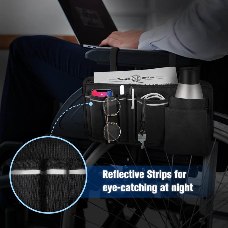 FINPAC Wheelchair Side Storage Bag w/Cup Holder, Wheelchair Armrest Accessories