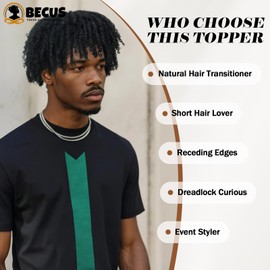 BECUS Dreadlock Hair Topper Hairpiece for Men, Short Afro Clip-In Toupee, Fake Dreads Hairpiece for Thinning Hair, Black, Halloween Cosplay Party Costume(Black Topper)