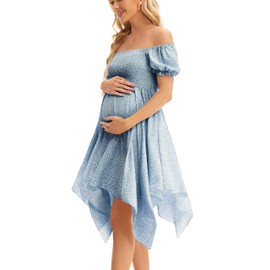 Maternity Summer Short Puff Sleeve Floral Maternity Dress, Square Neck Flowy Irregular Hem Baby Shower Dress Blue L